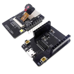 ESP32 Cam Mb WiFi Bluetooth Development Board Micro USB Interface CH340G USB To Serial Port And OV2640 Camera Module - two black circuit boards, one with an OV2640 camera module and the other with a micro USB port and two buttons.
