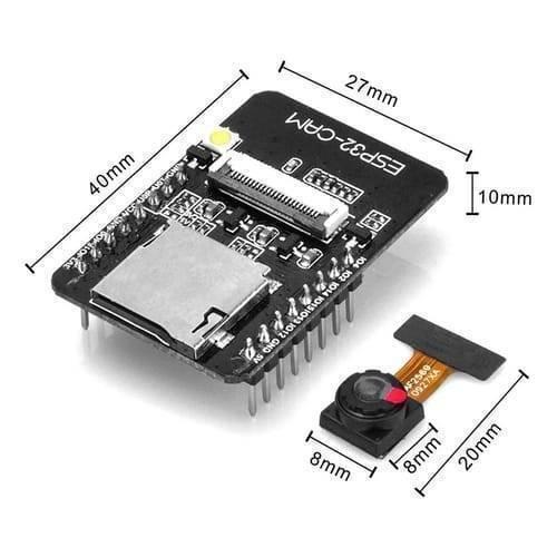 ESP32 Cam Mb WiFi Bluetooth Development Board Micro USB Interface CH340G USB To Serial Port And OV2640 Camera Module - with a black PCB, SD card slot, and camera connector, shown alongside a separate OV2640 camera module with dimension labels.