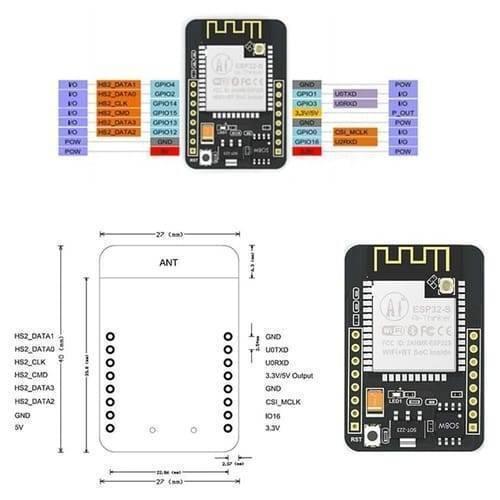 ESP32 Cam Mb WiFi Bluetooth Development Board Micro USB Interface CH340G USB To Serial Port And OV2640 Camera Module - two top-down views of the black circuit board and a technical diagram with pinout labels and dimensions.