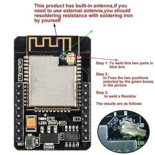 ESP32 Cam Mb WiFi Bluetooth Development Board Micro USB Interface CH340G USB To Serial Port And OV2640 Camera Module - a diagram with red, blue, and green arrows and text instructions for modifying the antenna connection.