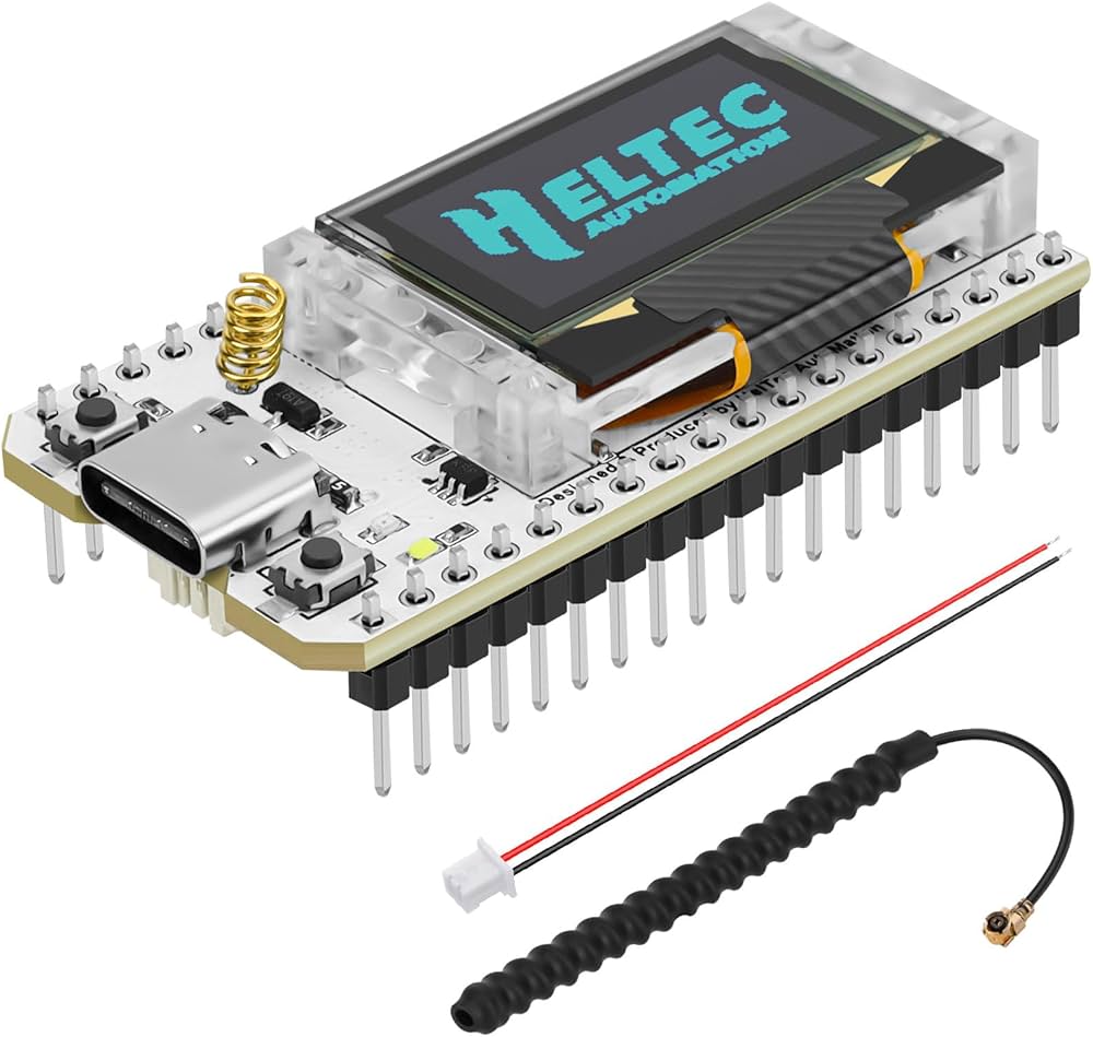 ESP32 Lora SX1276 868 915MHz Dual Core 240MHz WiFi Module Low Power Consumption With 0.96" OLED Display And Antenna For Arduino Price - a white circuit board with a USB-C port, two buttons, a gold antenna coil, OLED display, and a separate black antenna.