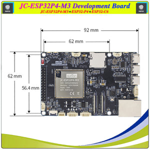 ESP32-P4 M3 Dev Onboard ESP32-C6 Mini in Pakistan - a black rectangular PCB with a central module, various connectors, an SD card slot, and white dimension labels.