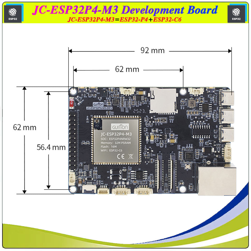 ESP32-P4 M3 Dev Onboard ESP32-C6 Mini in Pakistan - a black rectangular PCB with a central module, various connectors, an SD card slot, and white dimension labels.