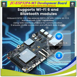 ESP32-P4 M3 Dev Onboard ESP32-C6 Mini in Pakistan - a black circuit board with an ESP32-C6 module, multiple ports, pin headers, and buttons on a blue circuit background.