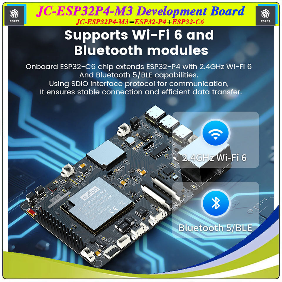 ESP32-P4 M3 Dev Onboard ESP32-C6 Mini in Pakistan - a black circuit board with an ESP32-C6 module, multiple ports, pin headers, and buttons on a blue circuit background.
