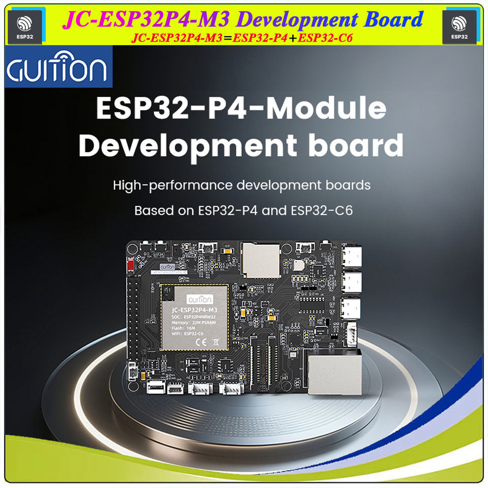 ESP32-P4 M3 Dev Onboard ESP32-C6 Mini in Pakistan - a black rectangular circuit board with a central processor module, various ports, and connectors on a grey base.