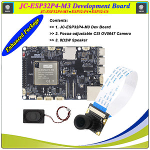 ESP32-P4 M3 Dev Onboard ESP32-C6 Mini in Pakistan - JC-ESP32P4-M3 Development Board kit includes a black circuit board with a camera module on a ribbon cable and a small square speaker with wires.