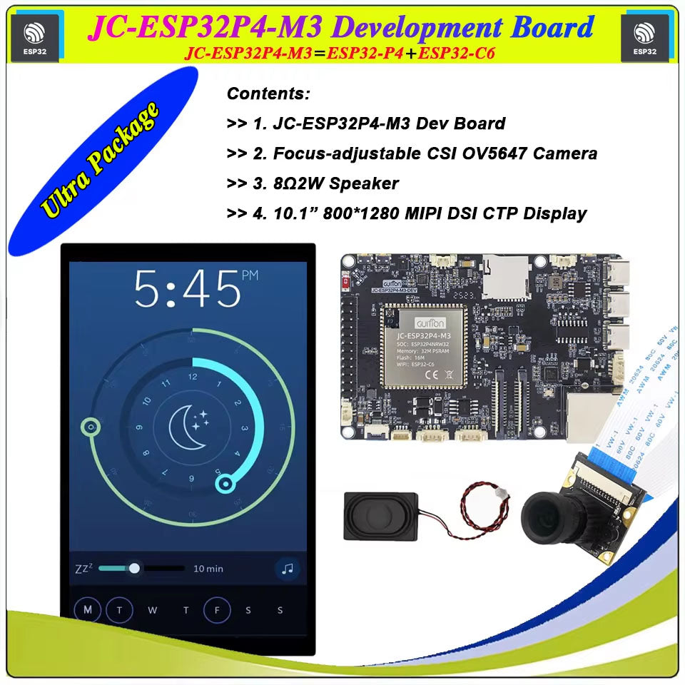 ESP32-P4 M3 Dev Onboard ESP32-C6 Mini in Pakistan - JC-ESP32P4-M3 Development Board kit includes a black circuit board, a 10.1-inch display showing a clock, a small speaker, and a focus-adjustable camera.