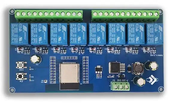 ESP32 Realy Board X8 - a blue rectangular circuit board featuring eight blue relays, a central ESP32 module, two buttons, and green terminal connectors.