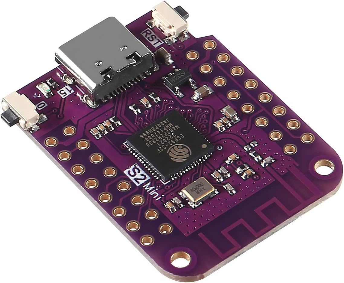 ESP32-S2 Mini Development Board 4MB Flash 2MB PSRAM Wi-Fi in Pakistan - a purple rectangular circuit board featuring a USB-C port, two push buttons, and a central processor chip.