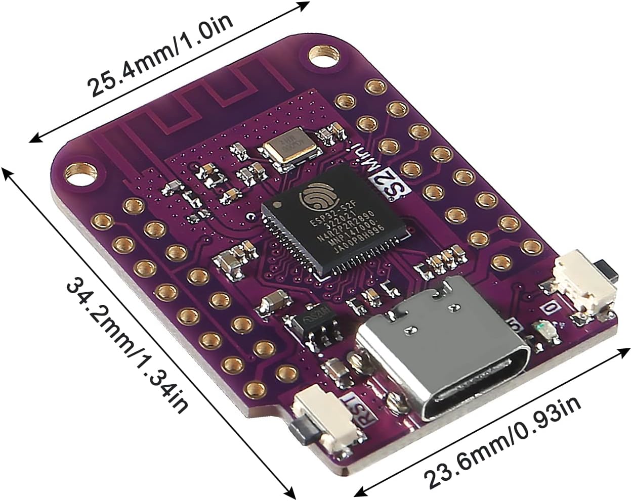 ESP32-S2 Mini Development Board 4MB Flash 2MB PSRAM Wi-Fi in Pakistan - a purple circuit board with a USB-C port, a reset button, and dimension labels in millimeters and inches.
