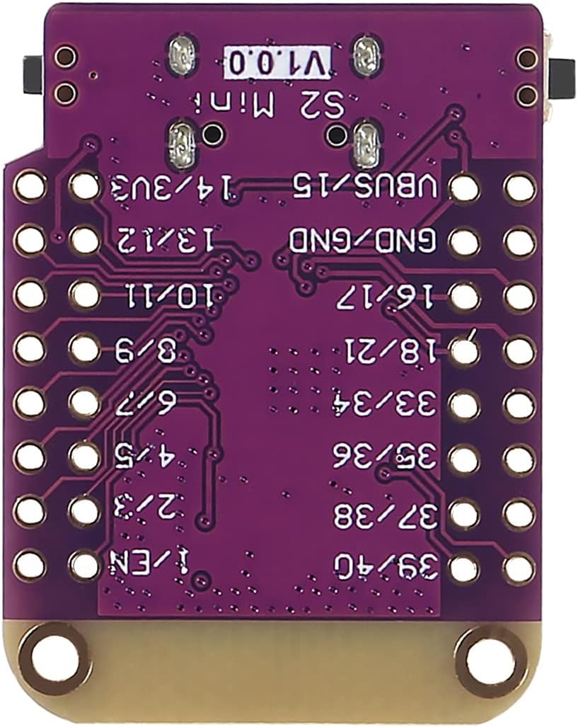 ESP32-S2 Mini Development Board 4MB Flash 2MB PSRAM Wi-Fi in Pakistan - a purple rectangular circuit board with labeled pin headers and a USB port at the top.
