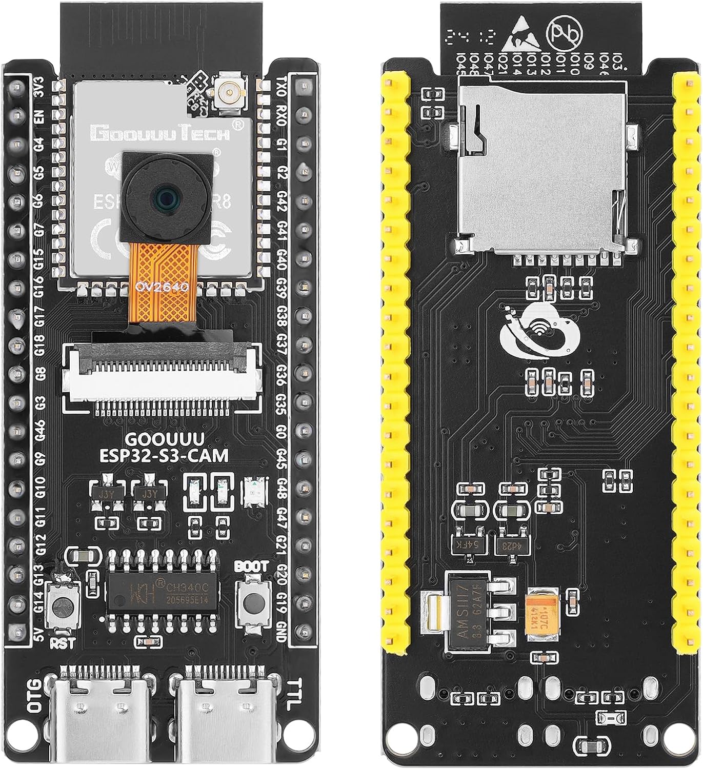 ESP32 S3 Cam Development Board With OV3660 Camera - ESP32-S3-wroom N16R8 Module WiFi Bluetooth Microcontroller MCU With Dual Type-c And ESP32-S3-core Compatible With Arduino IOT Communication - front and back of the GOOUUU ESP32-S3-CAM board, showing the camera lens, ESP32-S3 module, RST and BOOT buttons, dual USB-C ports and a microSD slot.