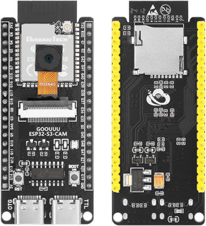 ESP32 S3 Cam Development Board With OV3660 Camera - ESP32-S3-wroom N16R8 Module WiFi Bluetooth Microcontroller MCU With Dual Type-c And ESP32-S3-core Compatible With Arduino IOT Communication - front and back of the GOOUUU ESP32-S3-CAM board, showing the camera lens, ESP32-S3 module, RST and BOOT buttons, dual USB-C ports and a microSD slot.