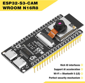 ESP32 S3 Cam Development Board With OV3660 Camera - ESP32-S3-wroom N16R8 Module WiFi Bluetooth Microcontroller MCU With Dual Type-c And ESP32-S3-core Compatible With Arduino IOT Communication - a black PCB with an attached camera module, dual USB-C ports, two buttons, and pin headers.