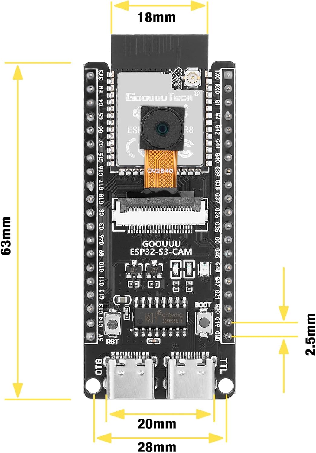 ESP32 S3 Cam Development Board With OV3660 Camera - ESP32-S3-wroom N16R8 Module WiFi Bluetooth Microcontroller MCU With Dual Type-c And ESP32-S3-core Compatible With Arduino IOT Communication - OV2640 camera module, dual USB-C ports, reset and boot buttons, and annotated dimensions on a black PCB.