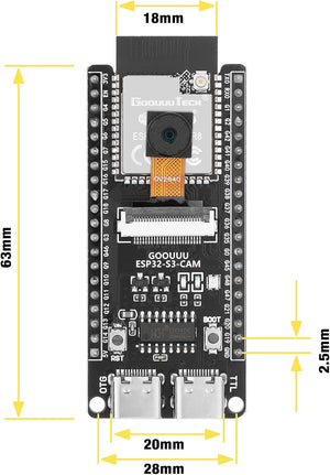 ESP32 S3 Cam Development Board With OV3660 Camera - ESP32-S3-wroom N16R8 Module WiFi Bluetooth Microcontroller MCU With Dual Type-c And ESP32-S3-core Compatible With Arduino IOT Communication - OV2640 camera module, dual USB-C ports, reset and boot buttons, and annotated dimensions on a black PCB.
