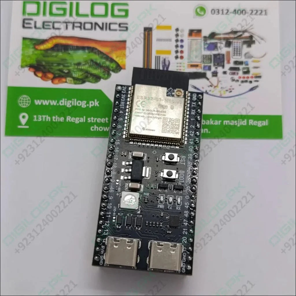 ESP32-S3 Devkitc-1 N16R8 Development Board – 16MB Flash, 8MB Psram, Wi-Fi & Bluetooth 5.0 Le With External Antenna Connector - a black rectangular circuit board with a metal shield, two buttons, and two USB-C ports, on a branded background.