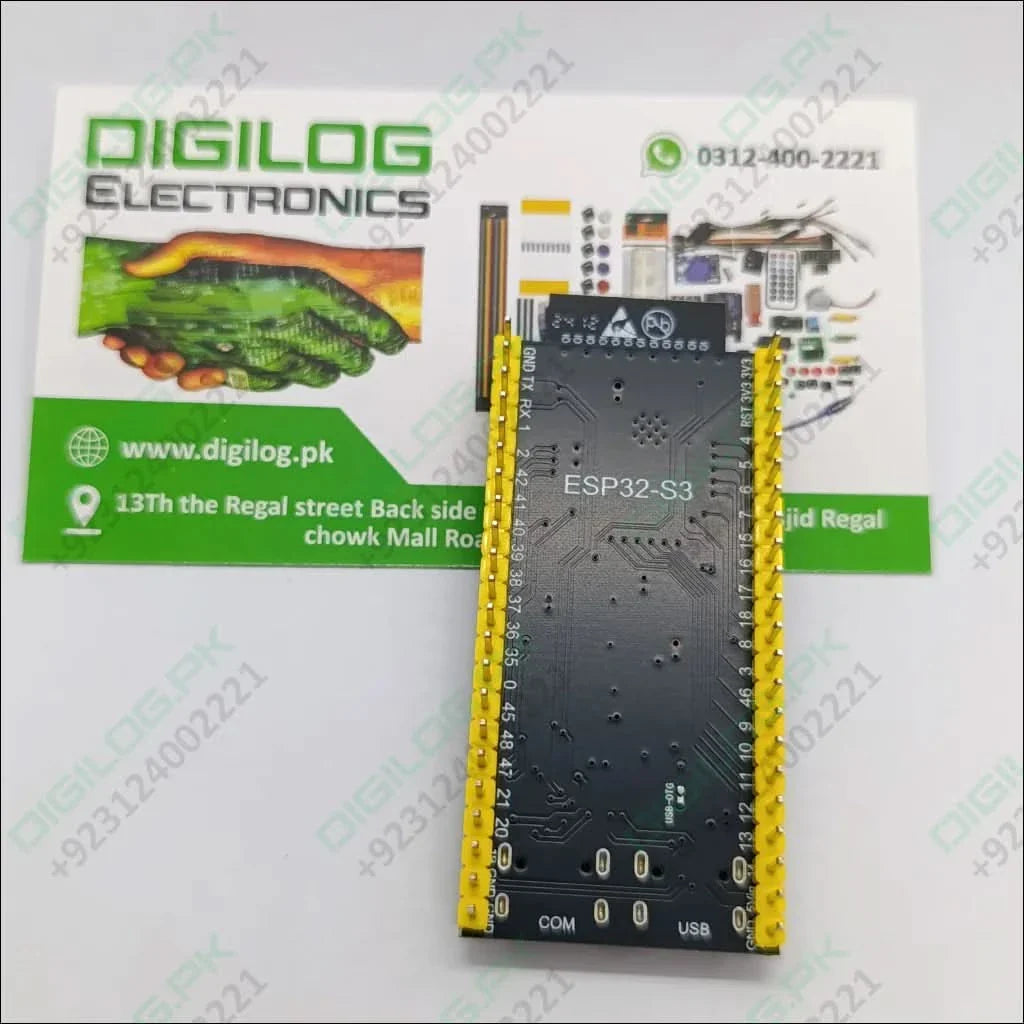 ESP32-S3 Devkitc-1 N16R8 Development Board – 16MB Flash, 8MB Psram, Wi-Fi & Bluetooth 5.0 Le With External Antenna Connector - shown from the back, featuring a black rectangular PCB with yellow pin headers and printed pin labels.