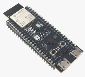 ESP32-S3-DevKitM-1U-N8 Development Board - a black rectangular circuit board with a metal module, two buttons, two USB ports, and pin headers.