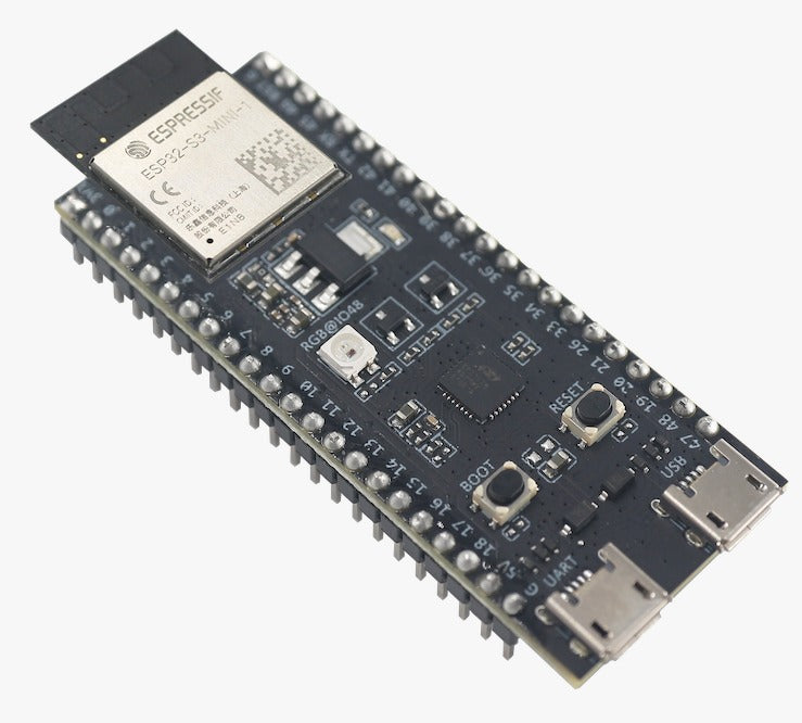 ESP32-S3-DevKitM-1U-N8 Development Board - a black rectangular circuit board with a metal module, two buttons, two USB ports, and pin headers.