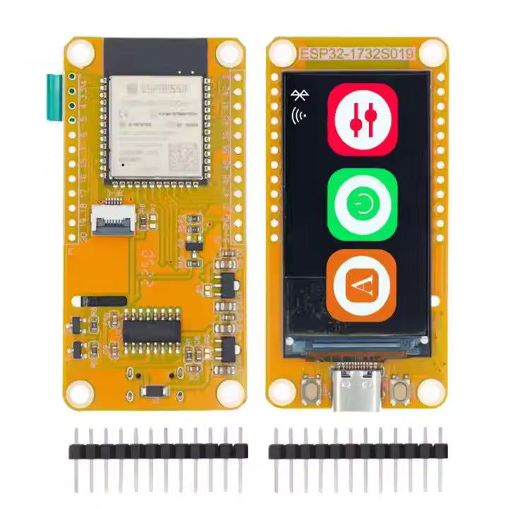 ESP32-S3 HMI 8m Psram 16M Flash Arduino Lvgl LCD IPS 170x320 1.9” EPS32-1732S019 Smart Display St7789 - the front and back of the yellow PCB, including the 1.9-inch screen with icons, USB-C port, and two header pin strips.