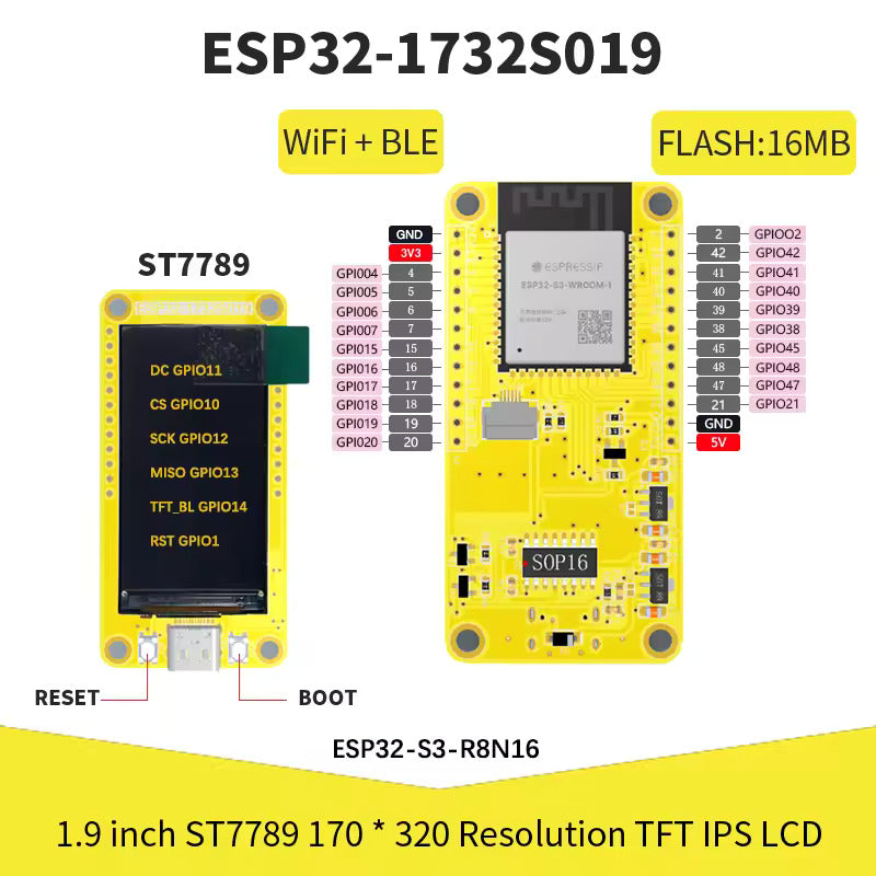 ESP32-S3 HMI 8m Psram 16M Flash Arduino Lvgl LCD IPS 170x320 1.9” EPS32-1732S019 Smart Display St7789 - a yellow circuit board with a 1.9-inch screen, pin labels, a USB-C port, and reset and boot buttons.