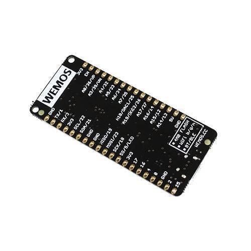 ESP32 Wemos LOLIN32 ESP32, WiFi + Bluetooth + LiPo Battery Connector - a black rectangular microcontroller development board with visible pin headers and printed labels, shown from an angled top-down view.