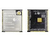 ESP32-wroom-32U 4MB 8MB 16MB - shown from both sides, featuring a silver metal shield with a U.FL antenna connector and a black circuit board with labeled pin headers.