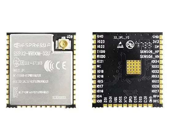 ESP32-wroom-32U 4MB 8MB 16MB - shown from both sides, featuring a silver metal shield with a U.FL antenna connector and a black circuit board with labeled pin headers.
