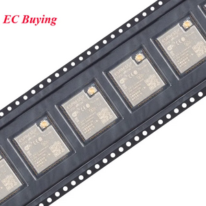 ESP32-wroom-32U 4MB 8MB 16MB - ESP32-WROOM-32U modules in a black plastic carrier tape, showing the silver metal shielding, antenna connector, and printed labels on each unit.