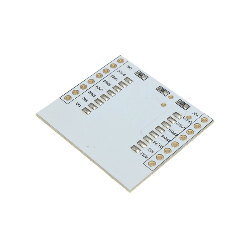 ESP8266-12E ESP-12E PCB Adapter Plate - a white square circuit board featuring two rows of labeled pin headers and surface-mounted components.