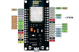 ESP8266 CH340 Lolin Nodemcu V3 WiFi Development Board IOT Development Board - shown as a black circuit board with a micro-USB port, two buttons, and a pinout diagram overlay.