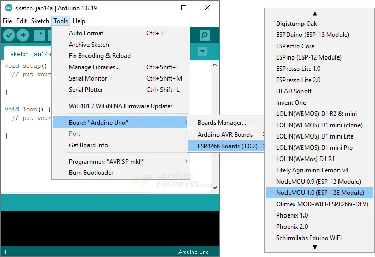 ESP8266 CH340 Lolin Nodemcu V3 WiFi Development Board IOT Development Board - shown in a screenshot of the Arduino IDE software with the board selection menu open.