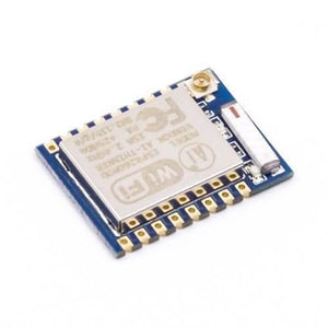 ESP8266 ESP-07 WiFi Module - a blue rectangular circuit board with a metal shield, a small antenna connector, and a white ceramic antenna.