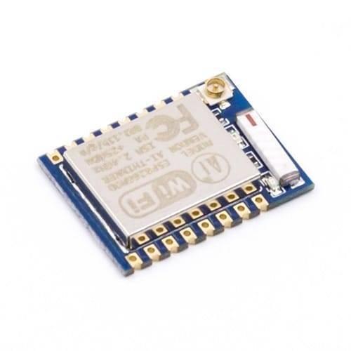 ESP8266 ESP-07 WiFi Module - a blue rectangular circuit board with a metal shield, a small antenna connector, and a white ceramic antenna.