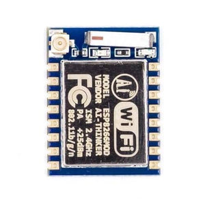 ESP8266 ESP-07 WiFi Module - a blue rectangular circuit board featuring a metal shield with printed text, an antenna connector, and a ceramic antenna.