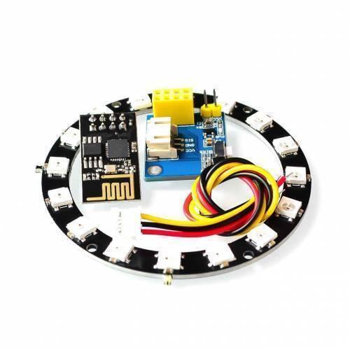 ESP8266 ESP01 ESP-01 RGB LED Controller Adpater WiFi Module For Arduino Ide WS2812 WS2812B 5050 16 Bits Light Ring Christmas DIY - a black 16-bit LED ring, an ESP-01 module, a blue adapter board, and a multi-colored wire harness.