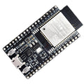 Espressif ESP32 Wroom 32D Development Board - angled to show the shielded module, micro-USB port, BOOT and reset buttons and labelled GPIO headers.