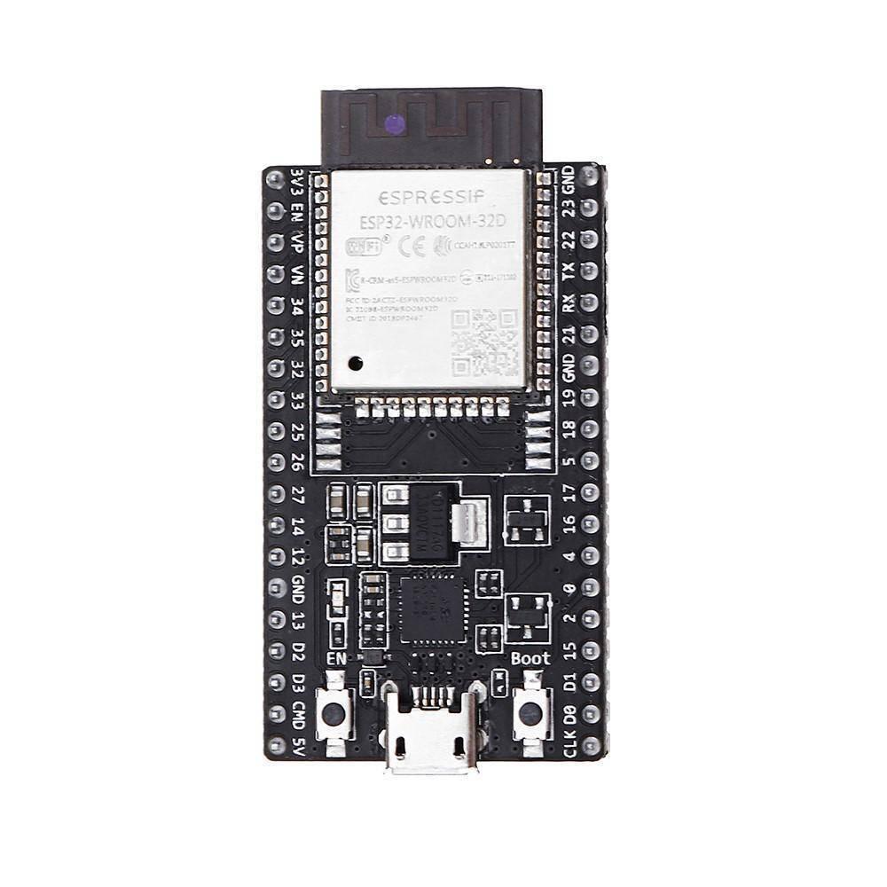 Espressif ESP32 Wroom 32D Development Board - a black PCB, a central metal module, a micro-USB port, and two tactile buttons labeled EN and Boot.