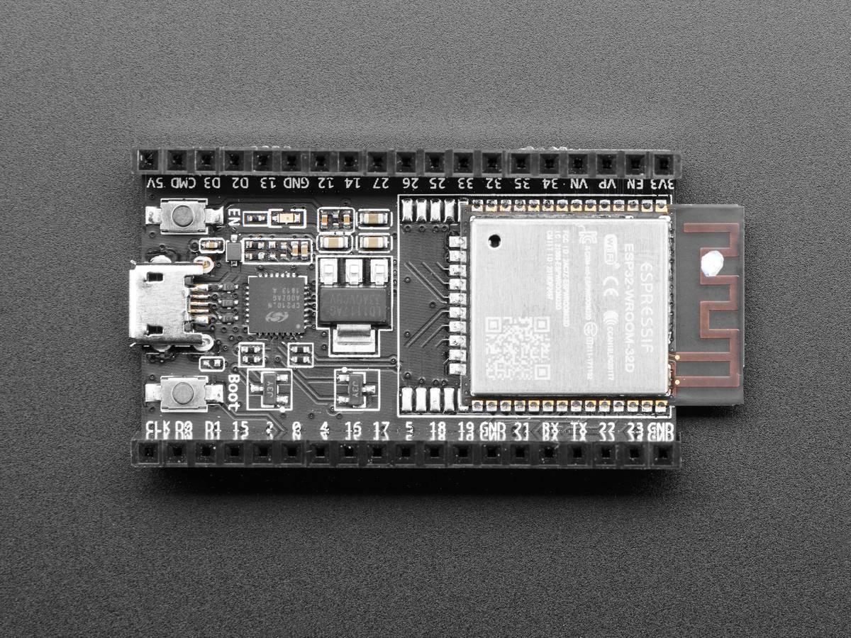 Espressif ESP32 Wroom 32D Development Board - a black rectangular circuit board with a micro-USB port, two push buttons, and a metal-shielded module.
