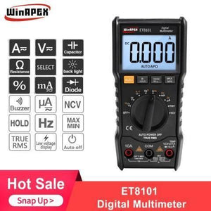 ET8101 True-RMS Digital Multimeter AC/DC Voltage Current Tester With Resistance, Capacitance, Diode, NCV Measurement - the black handheld device with a screen displaying 0.000, a central dial, and function icons listed to the left.