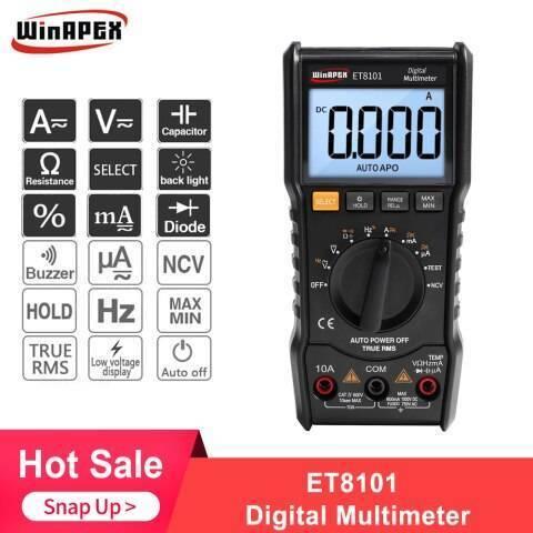 ET8101 True-RMS Digital Multimeter AC/DC Voltage Current Tester With Resistance, Capacitance, Diode, NCV Measurement - the black handheld device with a screen displaying 0.000, a central dial, and function icons listed to the left.