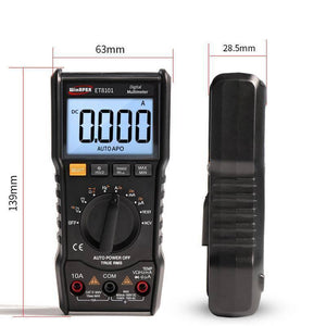 ET8101 True-RMS Digital Multimeter AC/DC Voltage Current Tester With Resistance, Capacitance, Diode, NCV Measurement - shown from front and side angles, featuring a digital display reading 0.000, a rotary dial, input ports, and dimension labels.