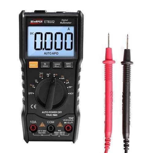 ET8102 True RMS Digital Display Pocket Size Multimeter 1000V 10A Voltmeter Ammeter - a black handheld device with a digital display reading 0.000, a central selection knob, ports, and two test leads.