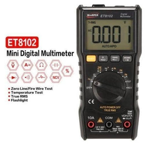 ET8102 True RMS Digital Display Pocket Size Multimeter 1000V 10A Voltmeter Ammeter - a black handheld device with a digital display reading 0.001, a central rotary dial, control buttons, and input ports.