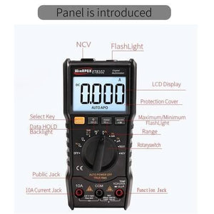 ET8102 True RMS Digital Display Pocket Size Multimeter 1000V 10A Voltmeter Ammeter - a black handheld device with a central rotary switch, LCD screen displaying 0.000, and labeled ports and buttons.