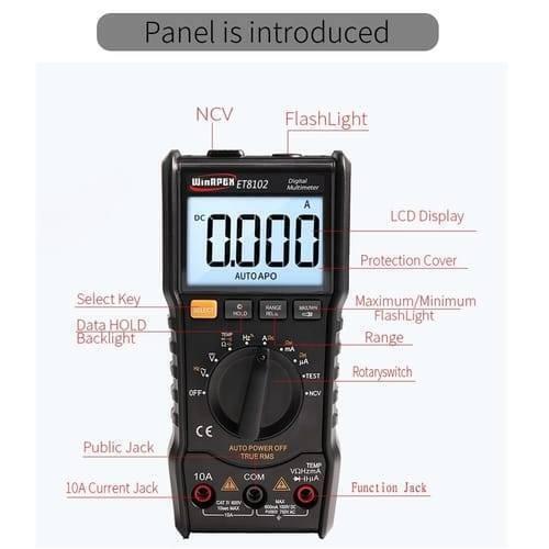 ET8102 True RMS Digital Display Pocket Size Multimeter 1000V 10A Voltmeter Ammeter - a black handheld device with a central rotary switch, LCD screen displaying 0.000, and labeled ports and buttons.