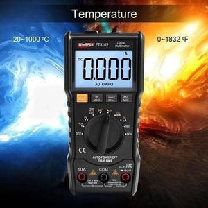 ET8102 True RMS Digital Display Pocket Size Multimeter 1000V 10A Voltmeter Ammeter - shown against a background of ice and fire, featuring a black casing, central rotary dial, buttons, and a screen reading 0.000.