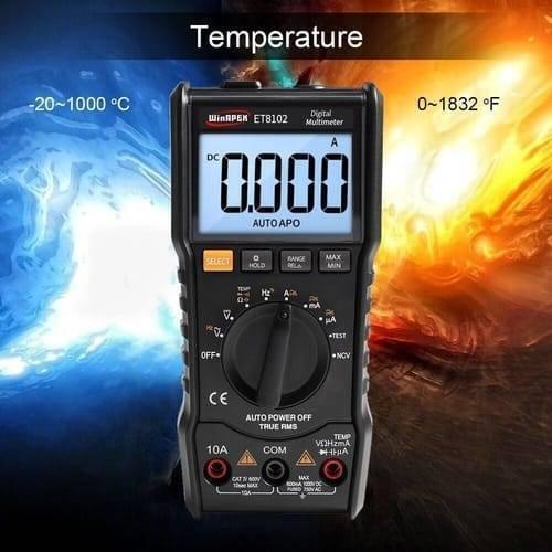 ET8102 True RMS Digital Display Pocket Size Multimeter 1000V 10A Voltmeter Ammeter - shown against a background of ice and fire, featuring a black casing, central rotary dial, buttons, and a screen reading 0.000.